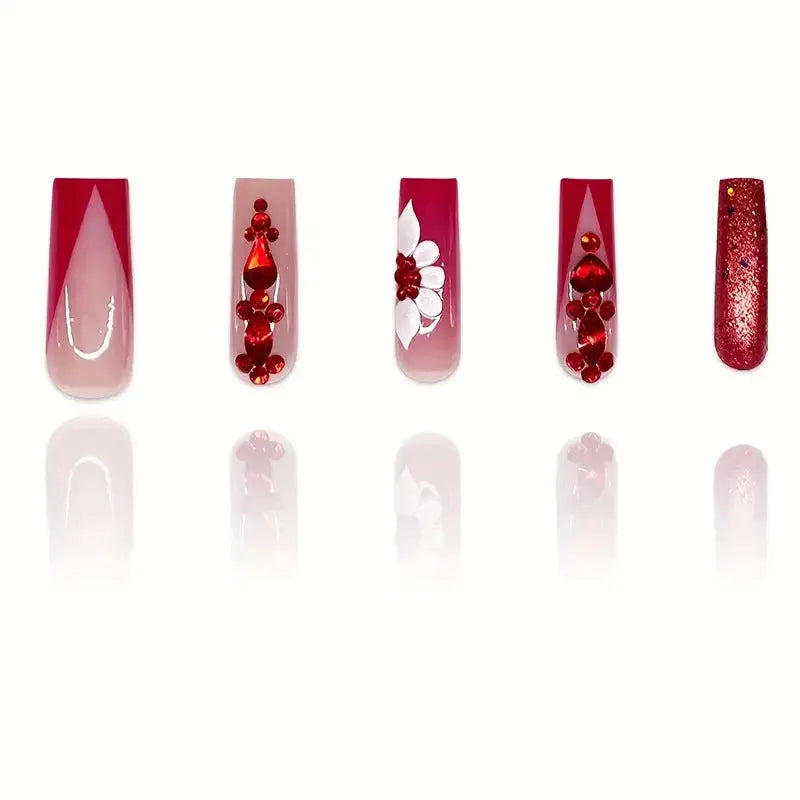Sweet Flowers pattern false nails in red diamond colour, long European Square shape with glue and file
