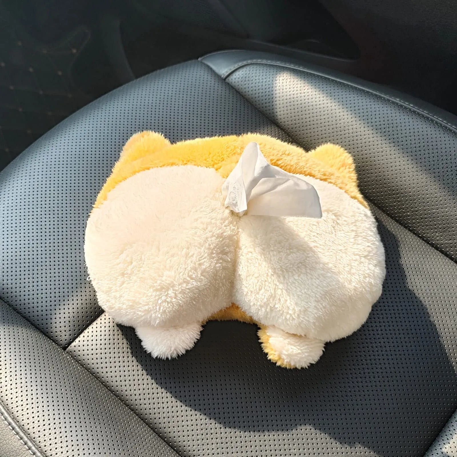 Yellow soft corgi butt-shaped tissue box cover with elastic strap for car sun visor