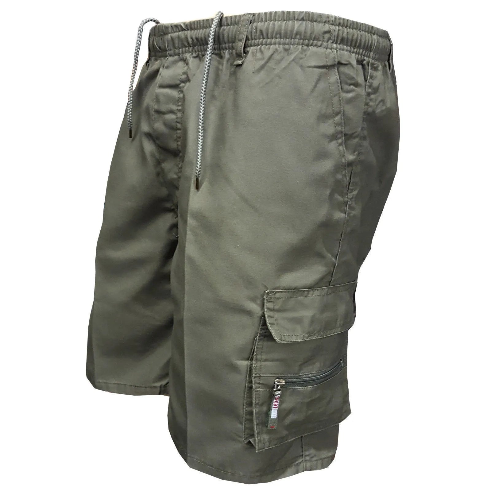 Men's khaki-coloured loose-fit cotton casual shorts with a drawstring waist and multiple pockets.