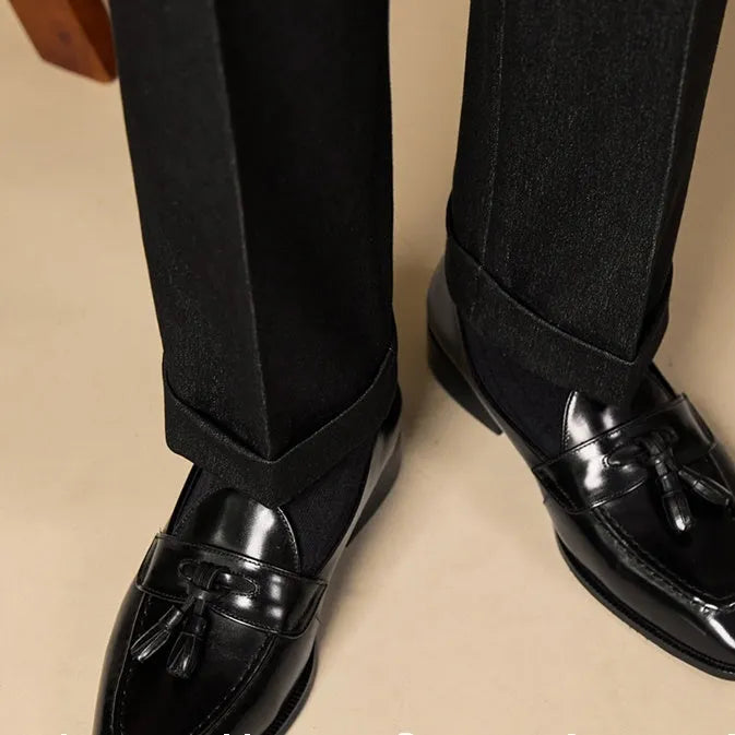 Men's polished leather tassel loafers in black and coffee colours with rubber sole