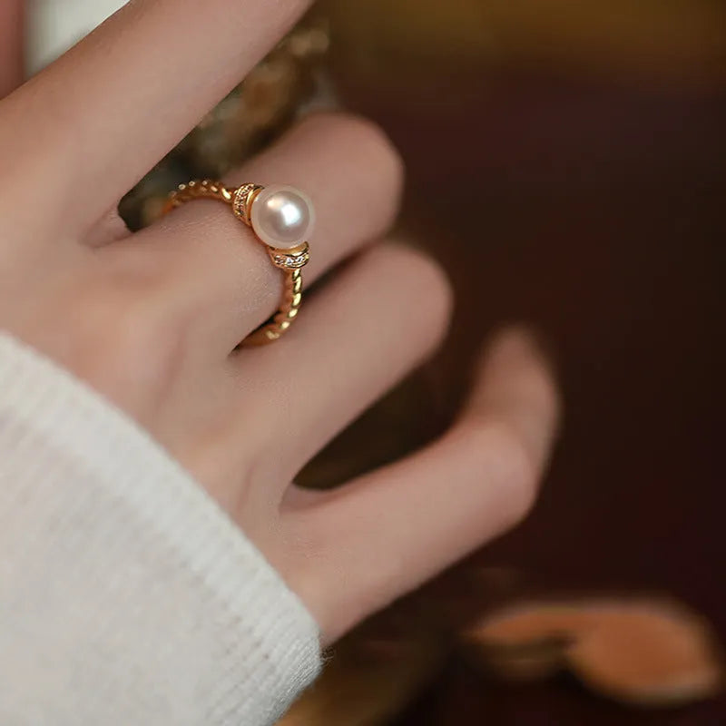 Adjustable antique twist pearl ring with geometric inlay design on copper band