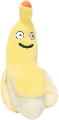 Yellow banana-shaped cat toy with crinkle paper sound feature measuring 13 inches long
