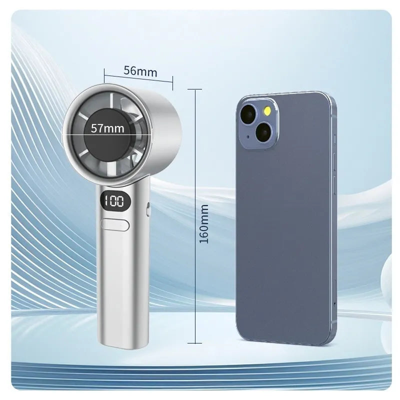 Handheld fan with variable speed control showing green colour option and USB charging port