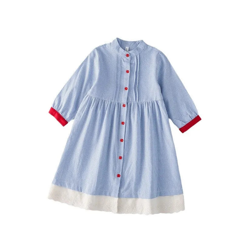 Blue plaid overknee long cotton dress for girls with button front, available for heights 90-130cm