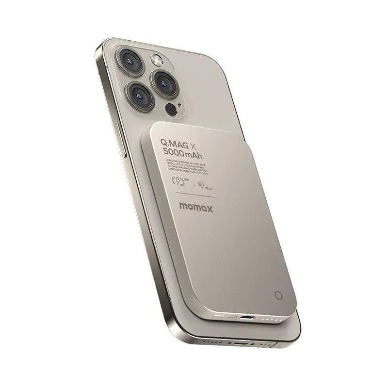 Alloy magnetic wireless power bank in black and titanium gold colours showing creative design
