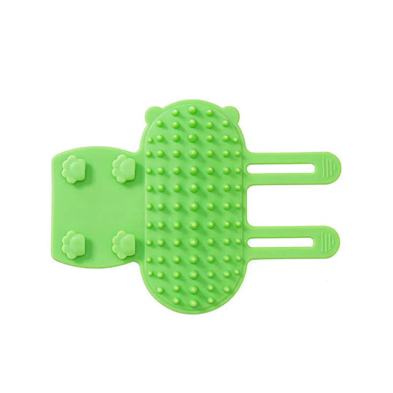 Silicone cat grooming brush mounted on table leg with adjustable strap, available in four colours
