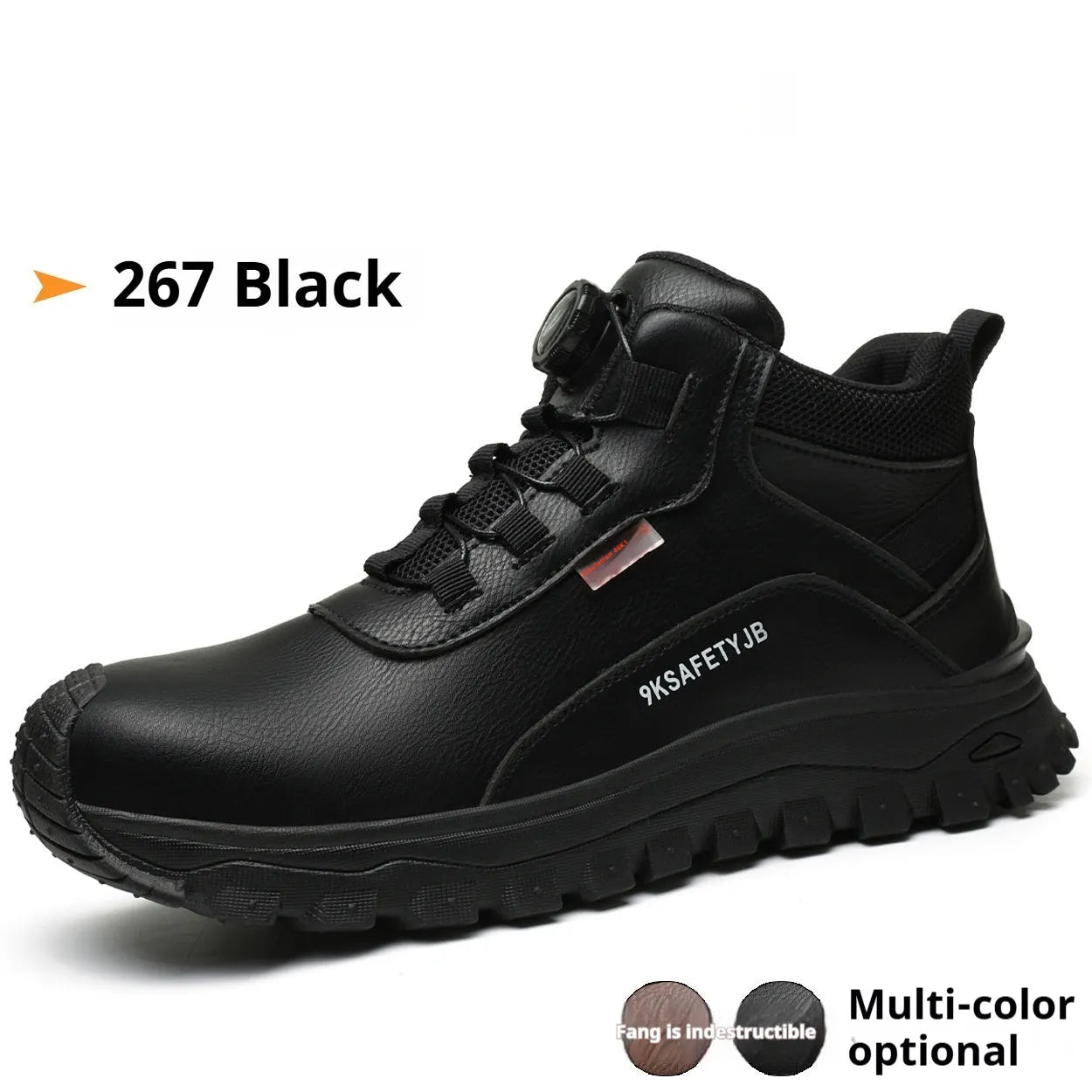 Flyknit safety work shoe with leather upper and rubber sole in black colour