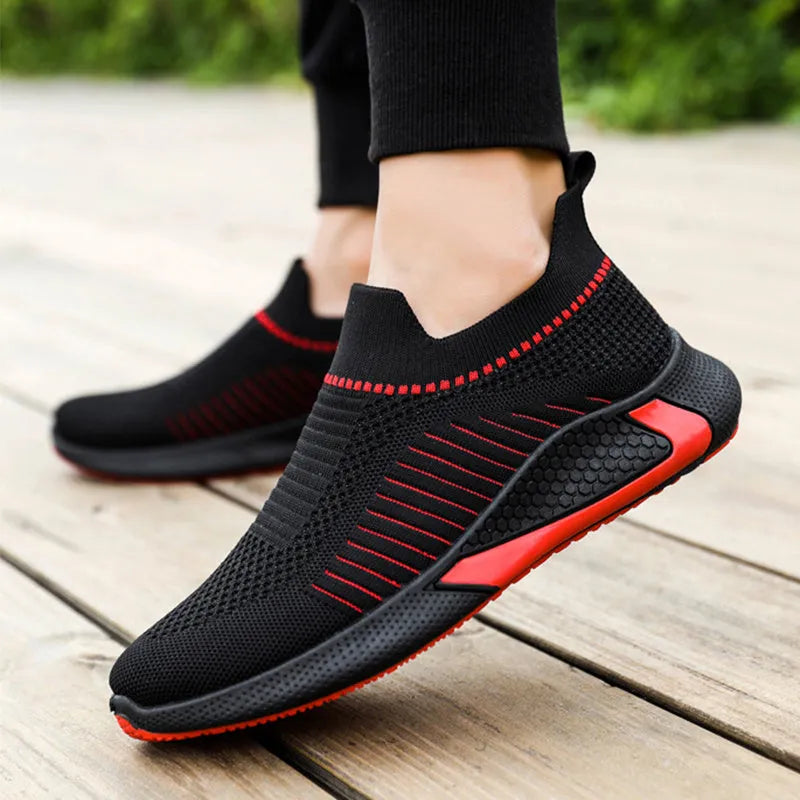 Men's striped mesh sock shoes with flyknit upper and plastic sole in three colour options