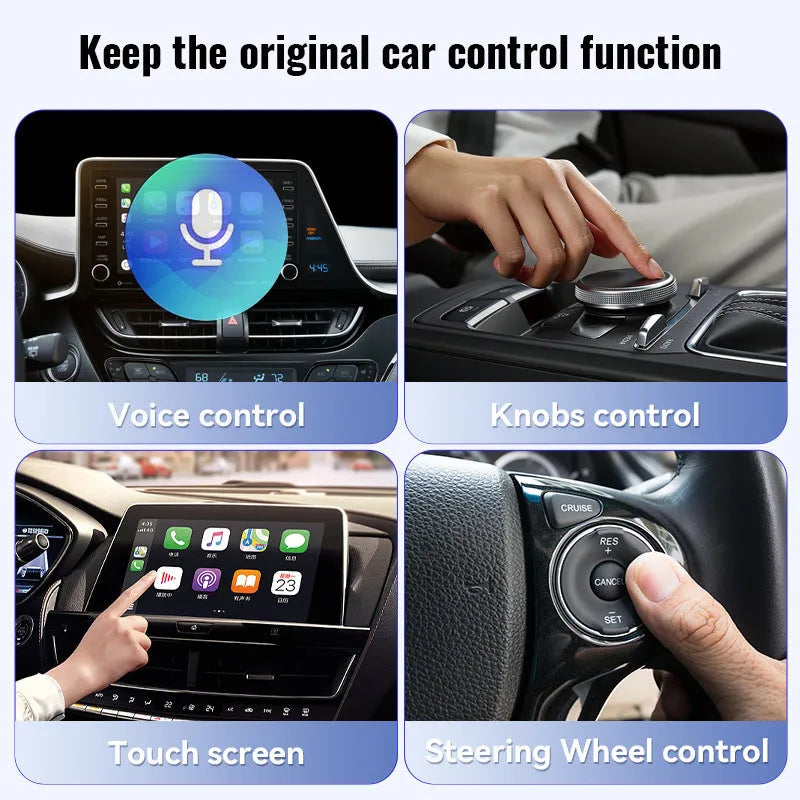 Black USB wireless CarPlay adapter with compact dimensions for vehicle dashboard installation