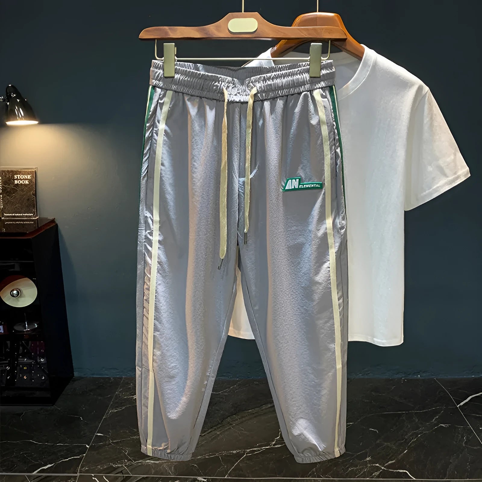 Men's black ice silk harem pants with mid waist and straight leg design