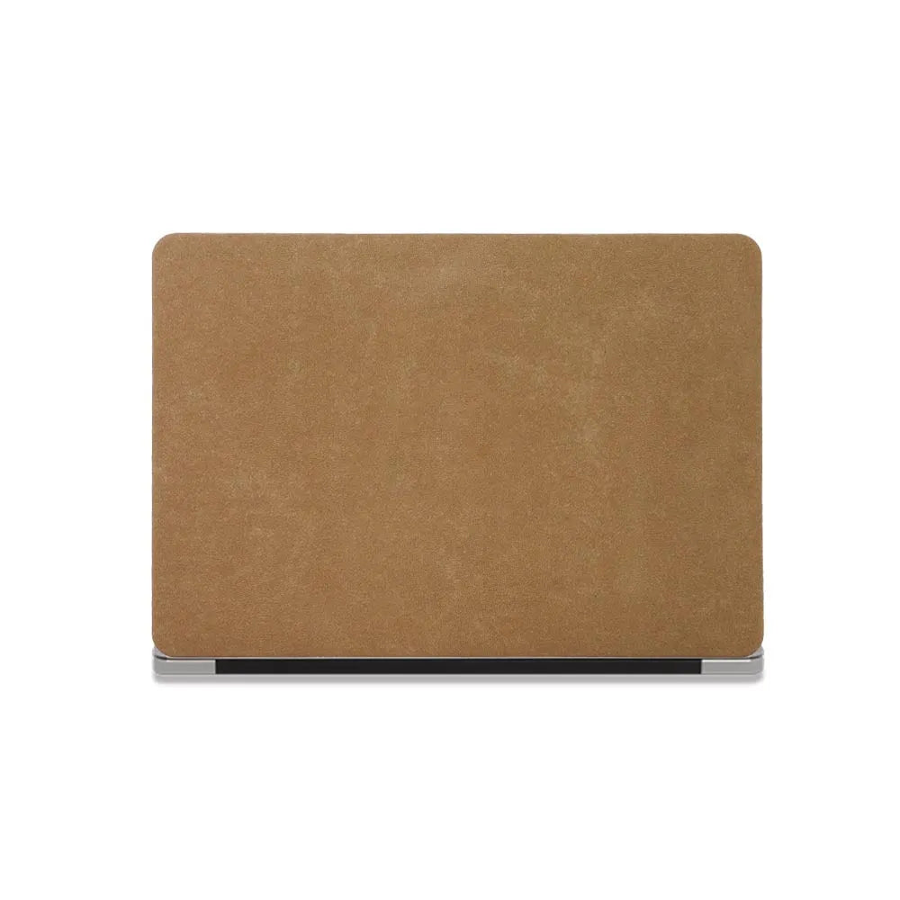 Cocoa brown suede laptop sleeve open showing interior, compatible with MacBook Air and Pro models 11 to 16 inch