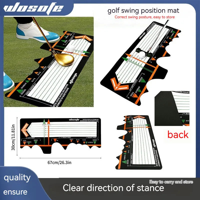 Black neoprene golf swing stance correction pad with positioning markings for alignment practice
