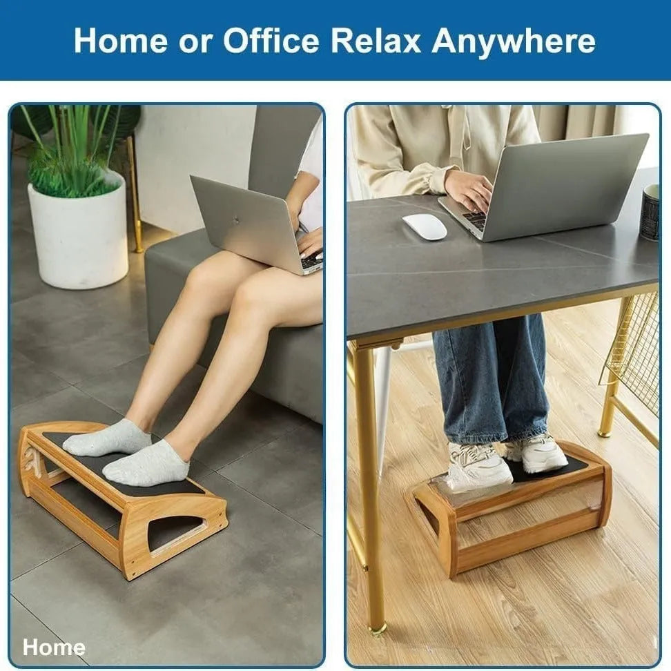 Wooden bamboo office desk footstool in a natural wood colour with a modern minimalist design.