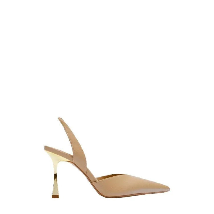Women's pointed high heels in patent leather, shown in apricot and black colours, featuring a shallow mouth design.