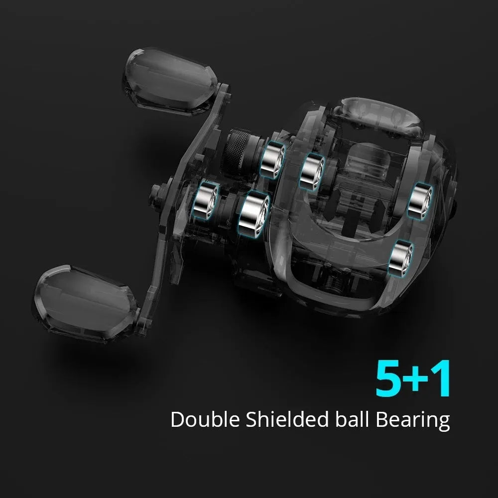 Drip Wheel fishing reel with left or right hand wheel configuration and rocking wheel line management system