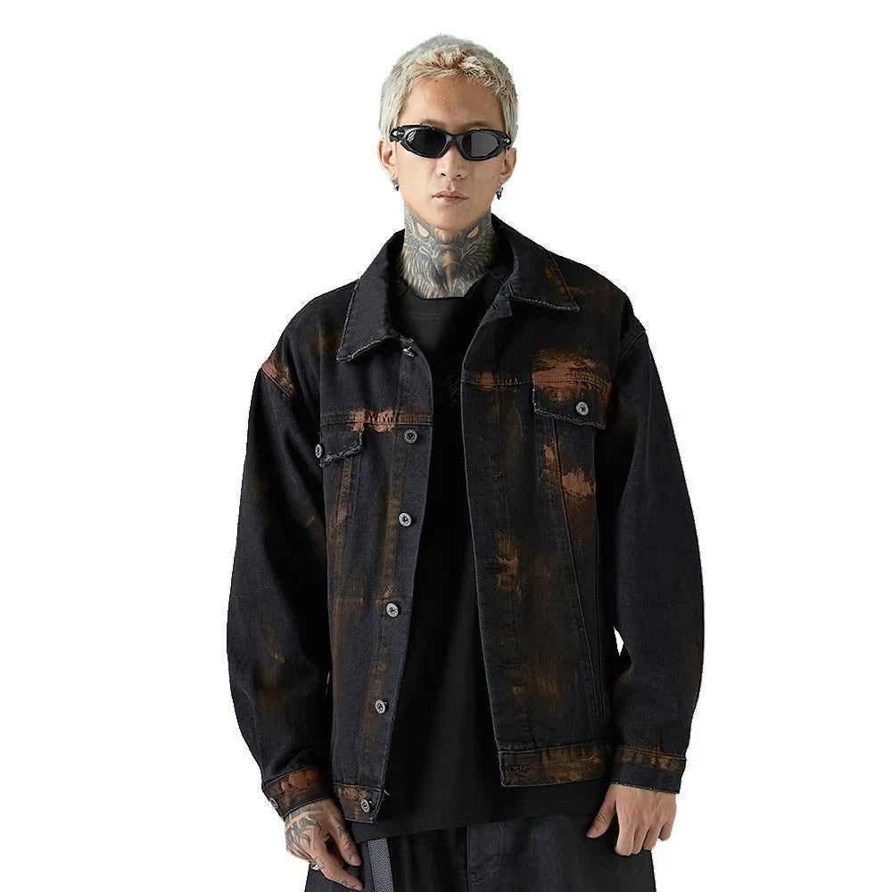 Black men's cotton denim jacket with fashion holes and street style design