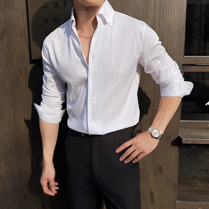 Men's dark striped V-neck long sleeve casual shirt in polyester blend fabric