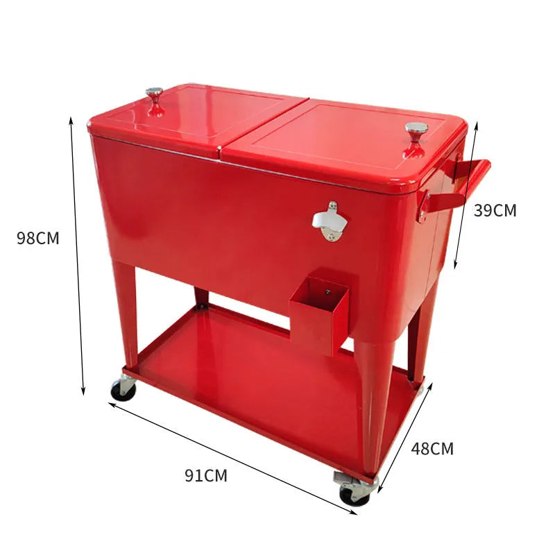 Red outdoor metal insulated trolley with wheels and a 750 capacity picnic cooler box.