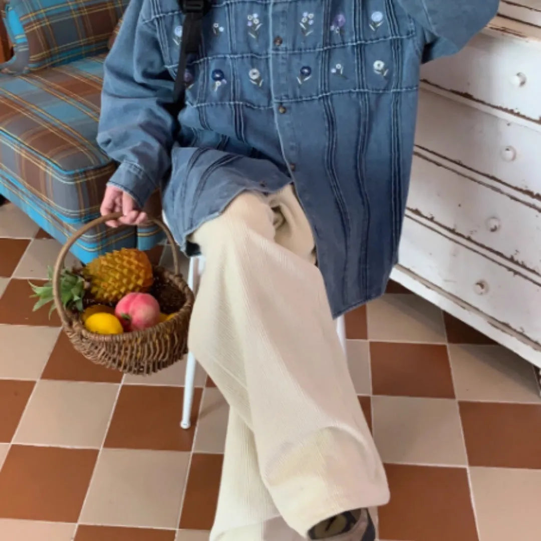 Vintage washed denim shirt with small floral pleats in washed blue colour
