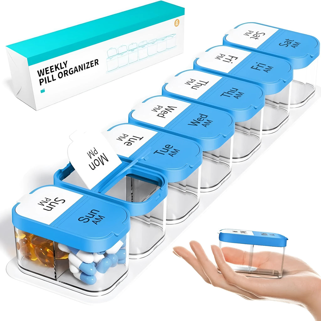 White and rainbow coloured extra large plastic pill organiser box with 14 removable compartments