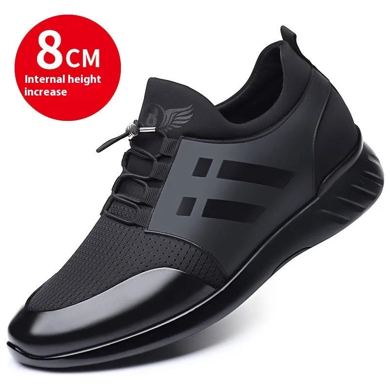 Men's black casual height increasing sneakers with genuine leather upper and hidden wedge heel