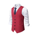 Men's striped polyester waistcoat with non-ironing finish on a hanger.