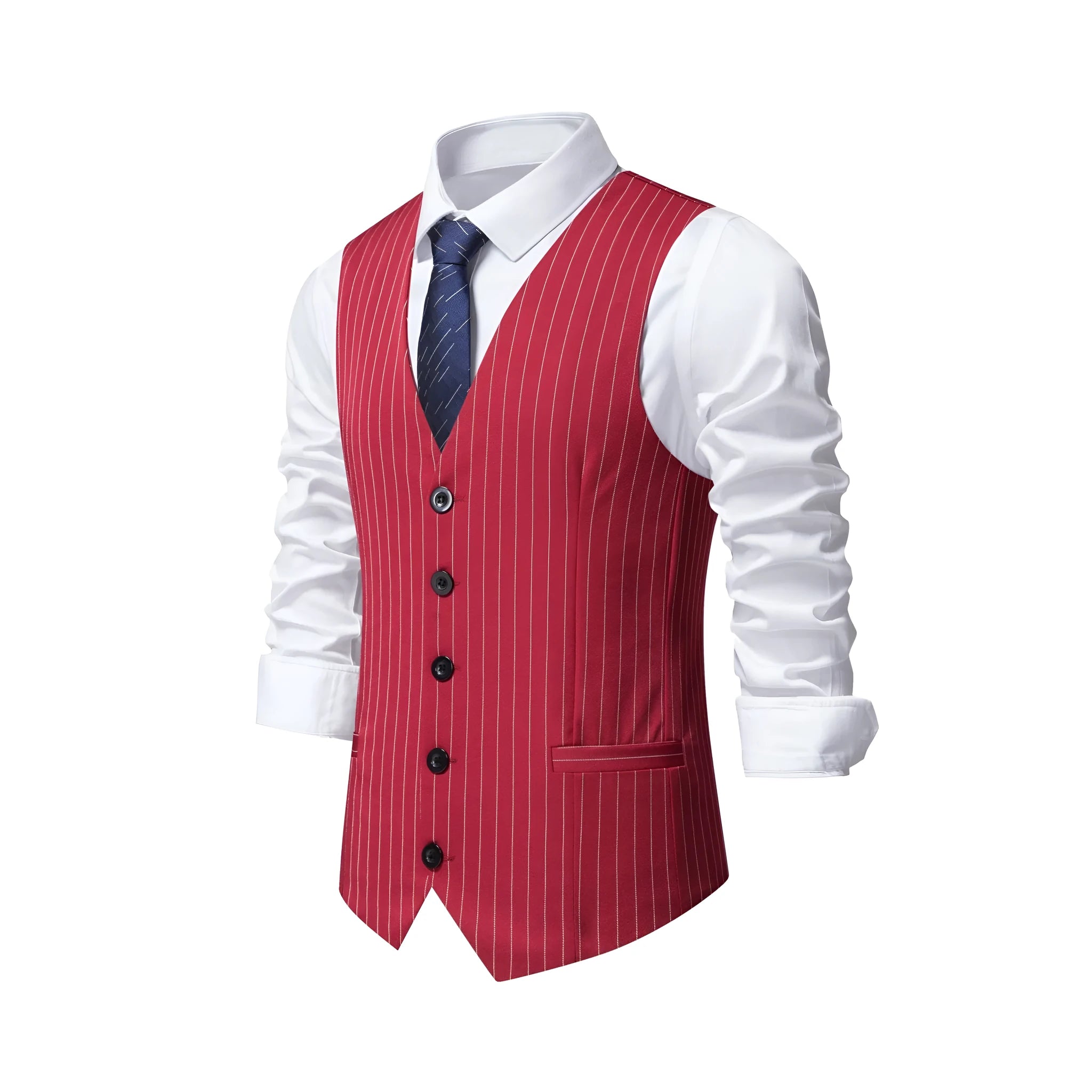 Men's striped polyester waistcoat with non-ironing finish on a hanger.