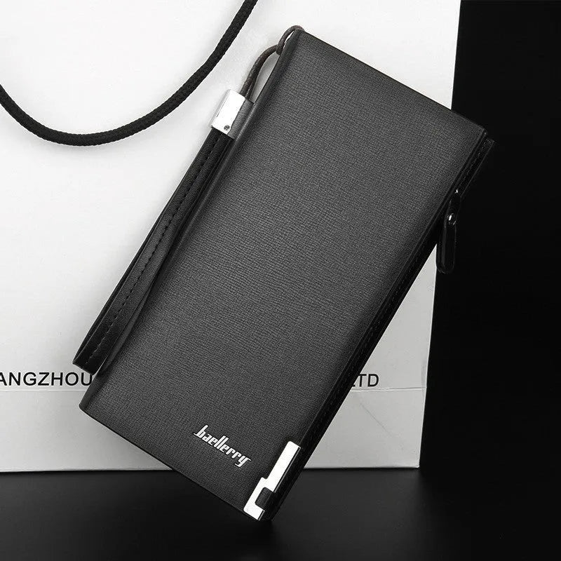Men's black PU leather wallet with long zipper closure showing waterproof construction