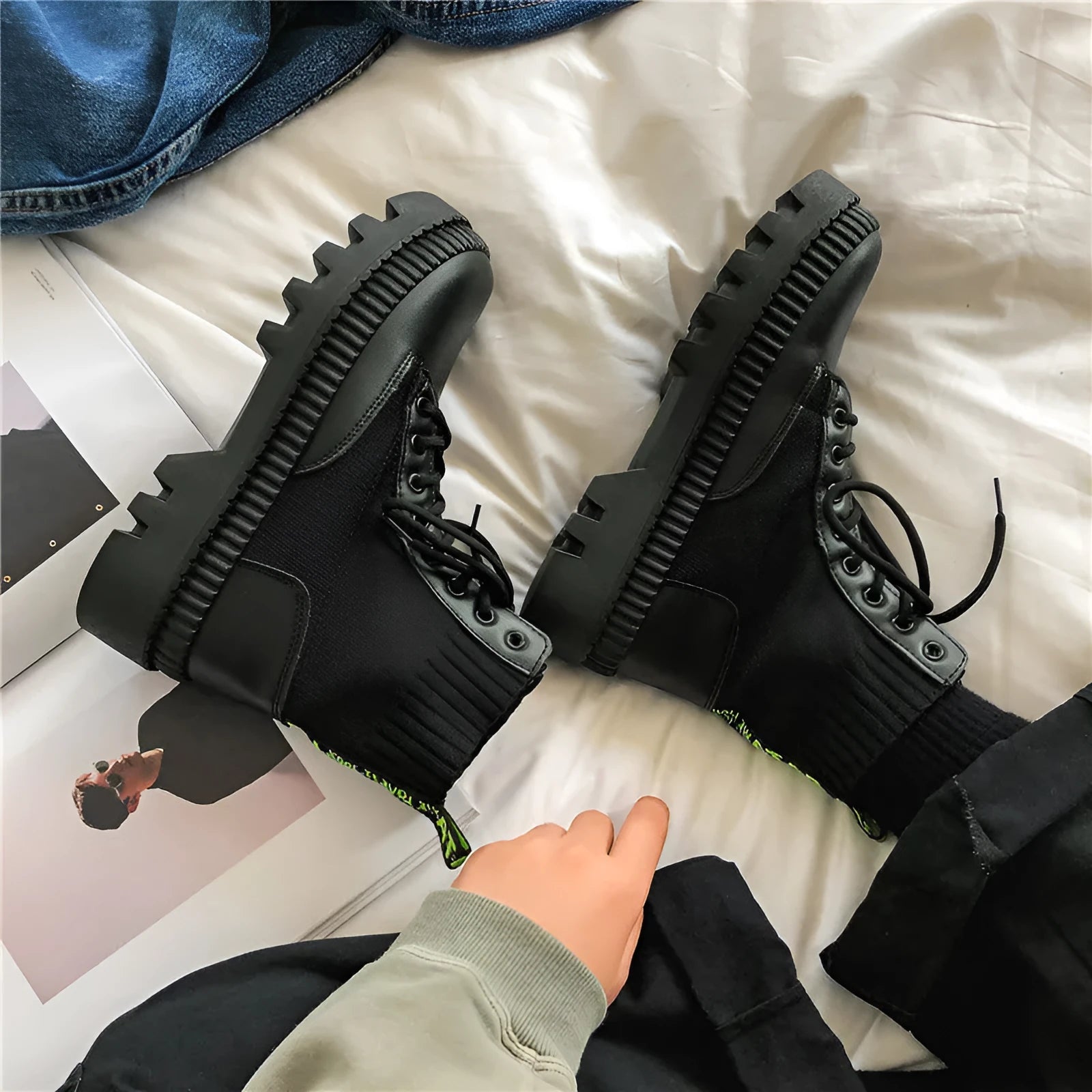 Men's black high-top platform boots with a side zip and frosted cowhide leather upper.