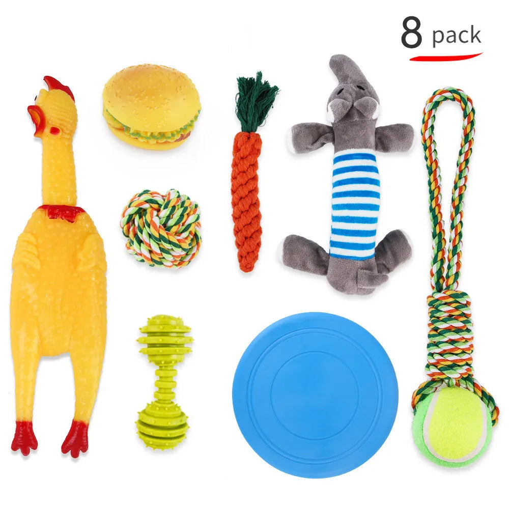Interactive plush pet toy set for dogs with sounding features, seven-piece or eight-piece options