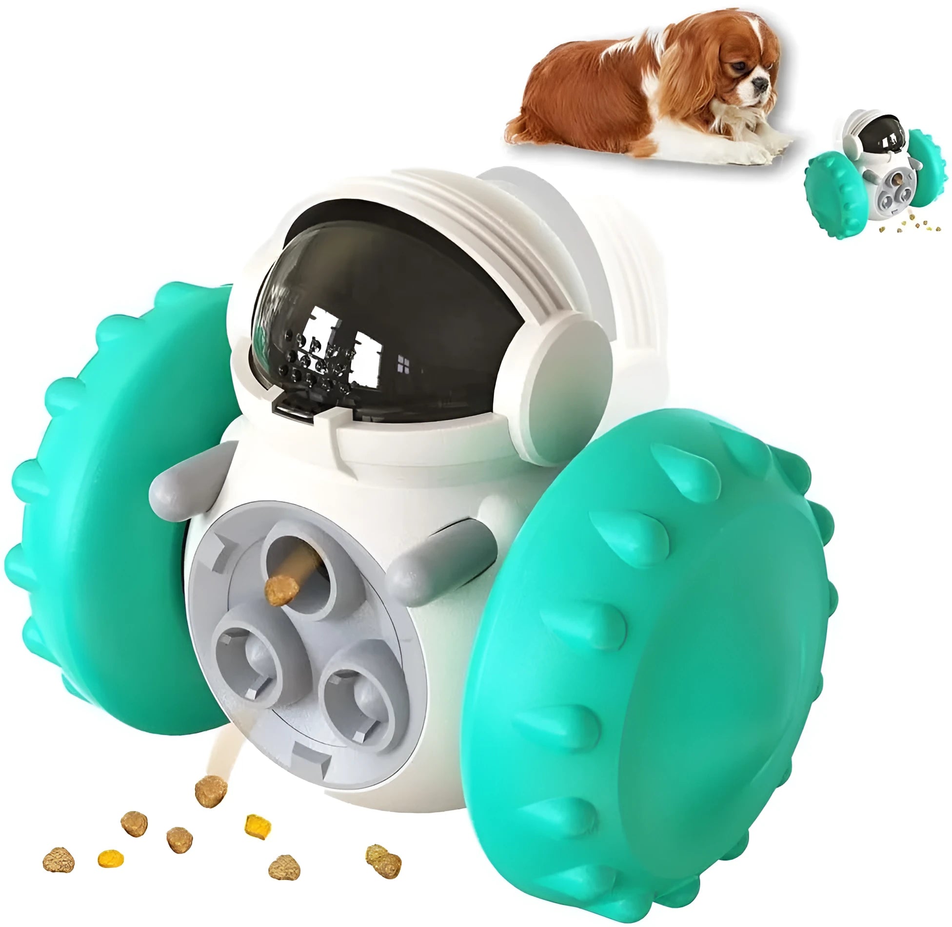 Small dog treat dispenser toy with robot appearance in five colour options showing dimensions