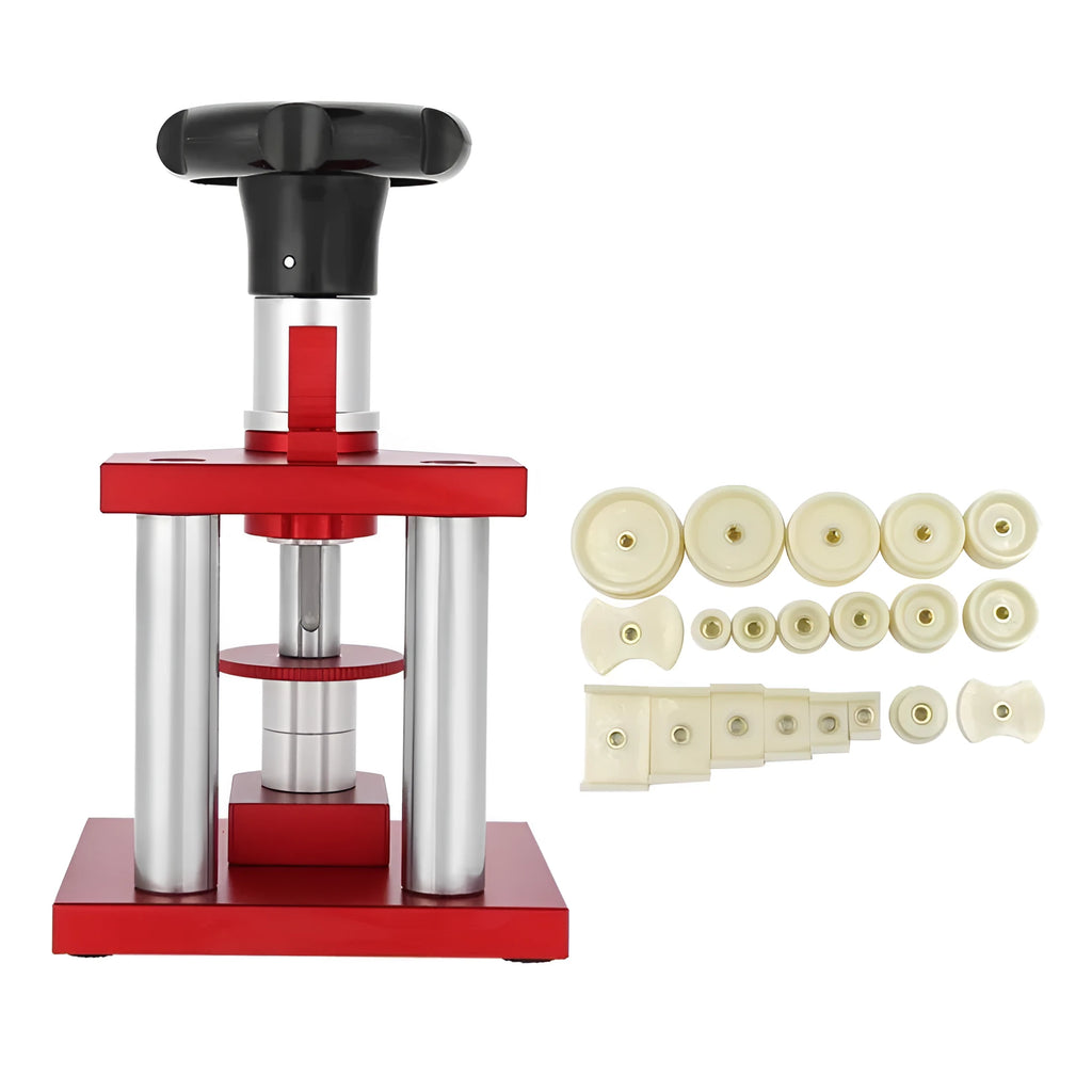 Watch repair spiral cap presser tool with 20 plastic moulds for back cover sealing