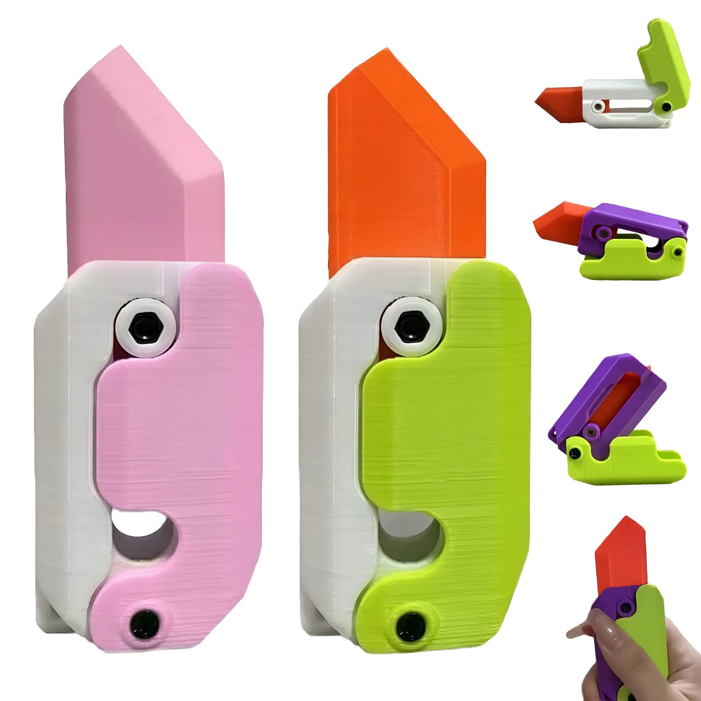 Carrot-shaped 3D printed plastic gravity fidget knife with orange purple green colour scheme