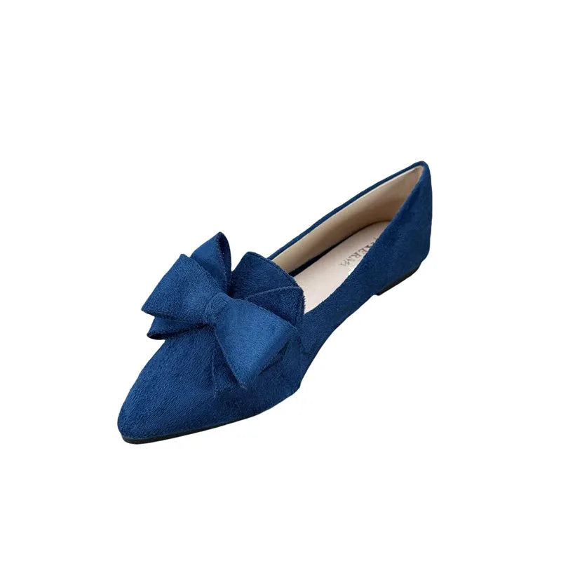 Women's solid colour bow pointed flat shoes with chunky heel and round toe in wine red colour