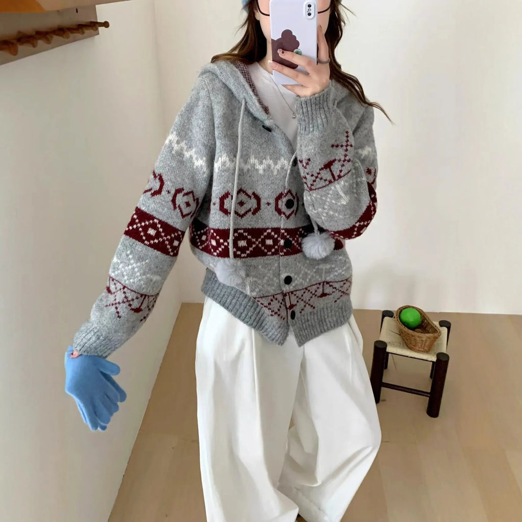 Plus size women's brocade sweater coat with geometric pattern in milky white or grey