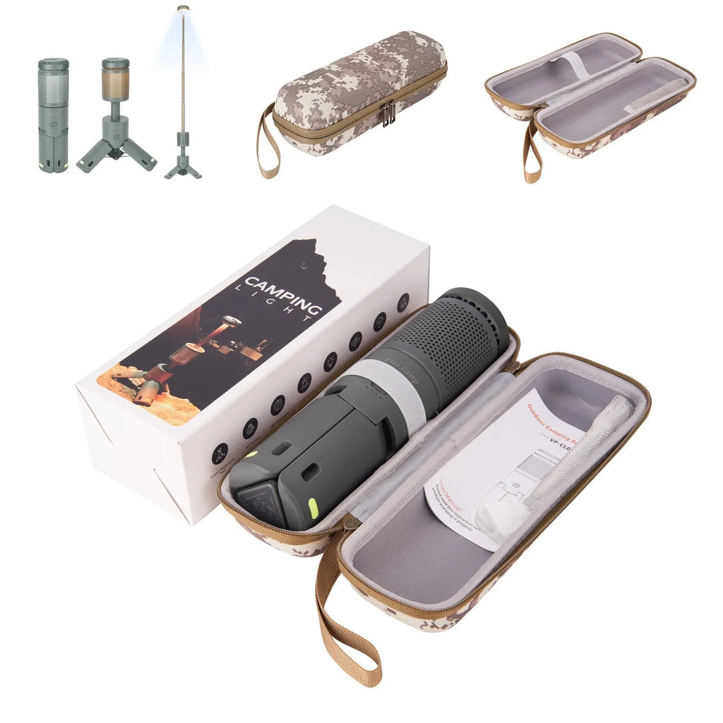 Portable LED camping lantern in off white and dark grey colour options showing button switch.