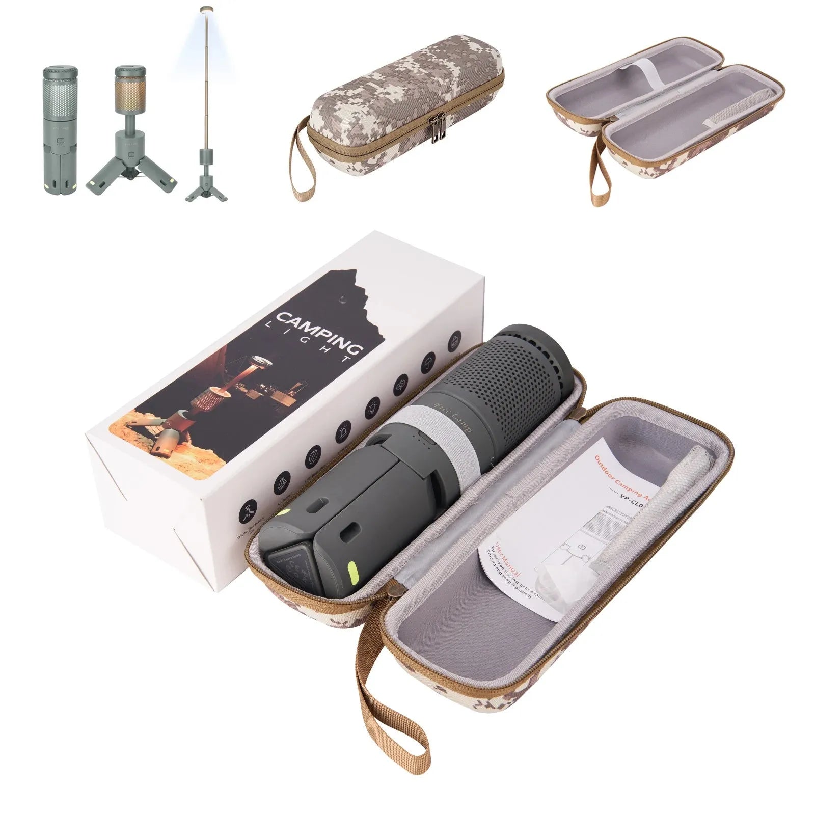 Portable LED camping lantern in off white and dark grey colour options showing button switch.