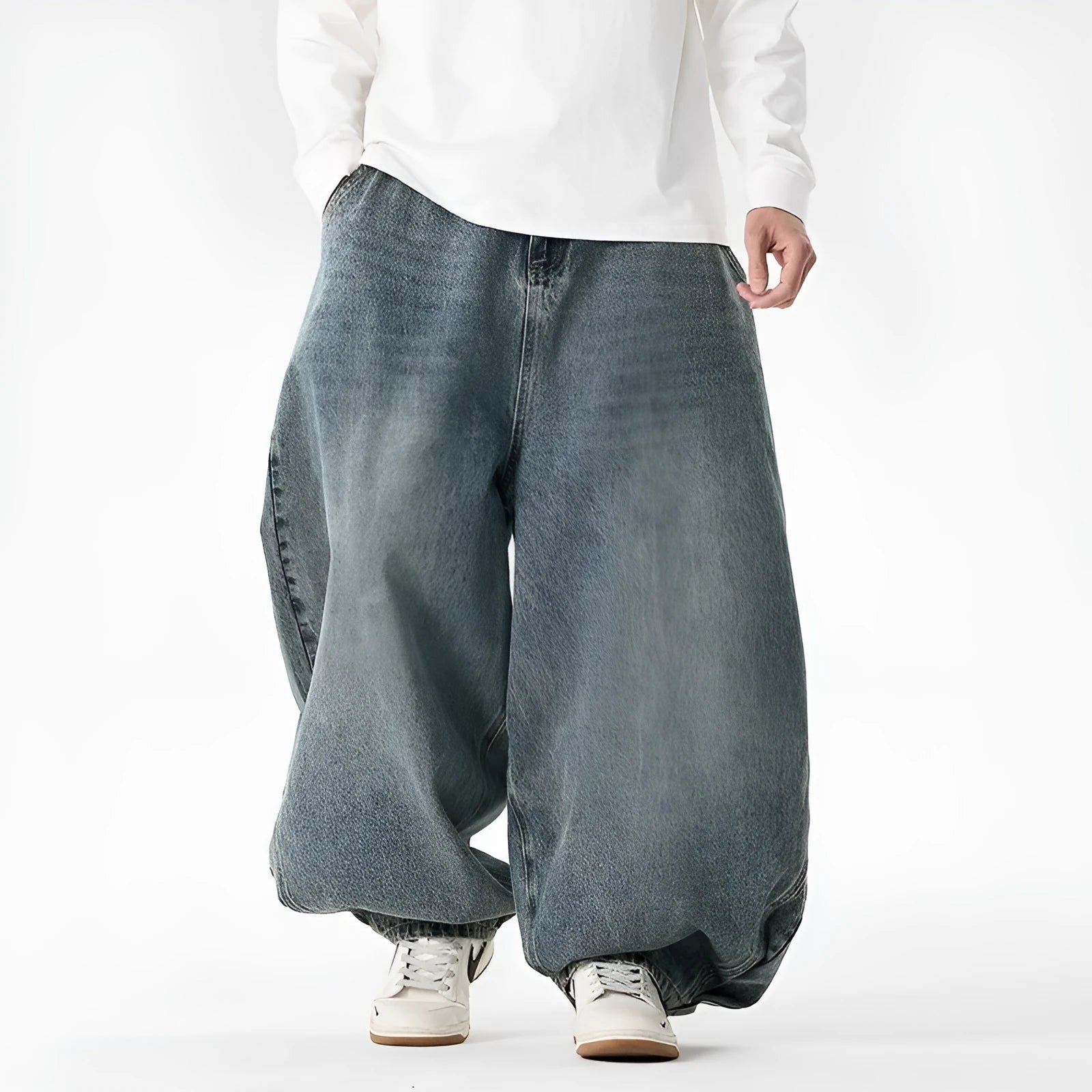 Men's plus size wide leg casual jeans in dark blue denim with straight leg opening