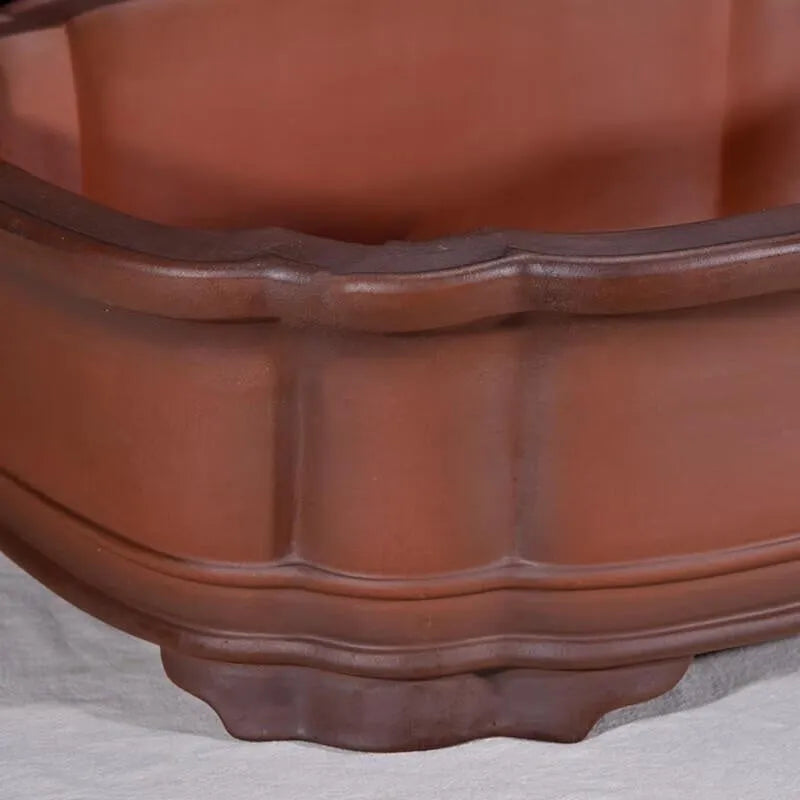 Antique finish Chinese style purple clay rectangular flowerpot measuring 71cm long, 54cm wide, and 23cm high.