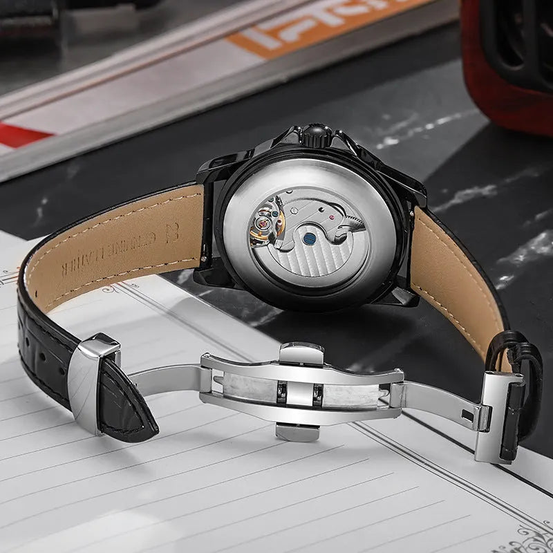 Men's black and white automatic waterproof business watch with steel or leather strap