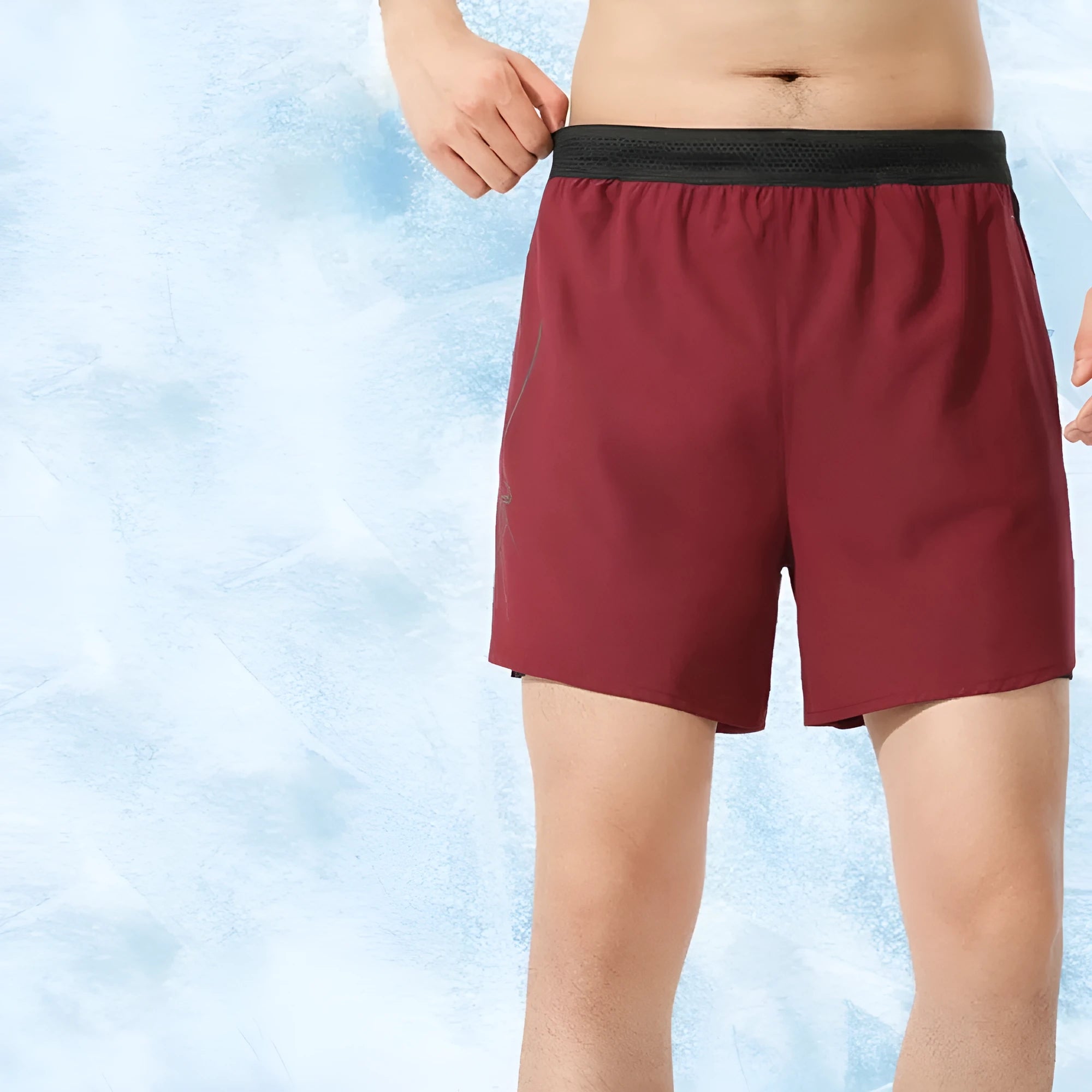 Men's solid colour polyester basketball shorts in low waist design on a neutral background