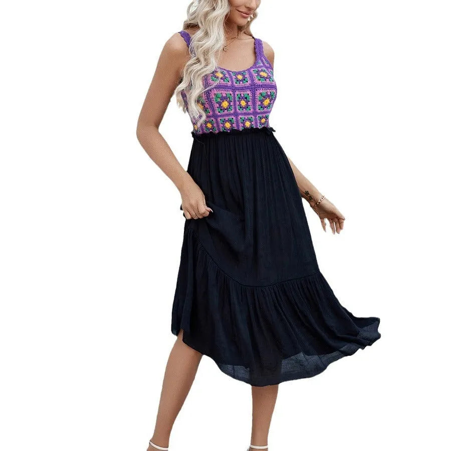 Purple hand-hooked crochet sleeveless dress with floral stitching pattern, knee-length A-line silhouette.