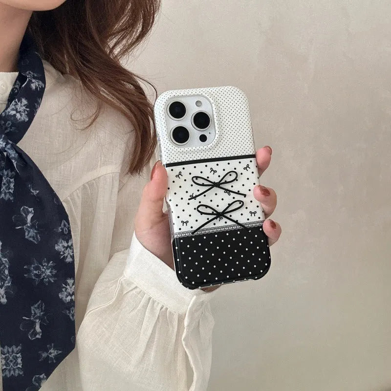 Black and white polka dot stitching stereo bow silicone phone case for iPhone