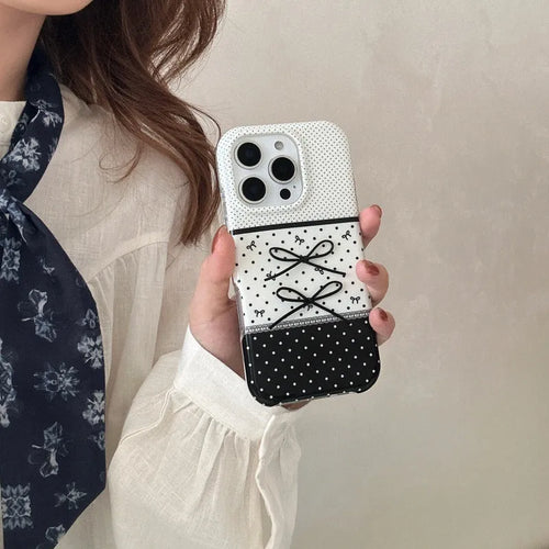 Black and white polka dot stitching stereo bow silicone phone case for iPhone