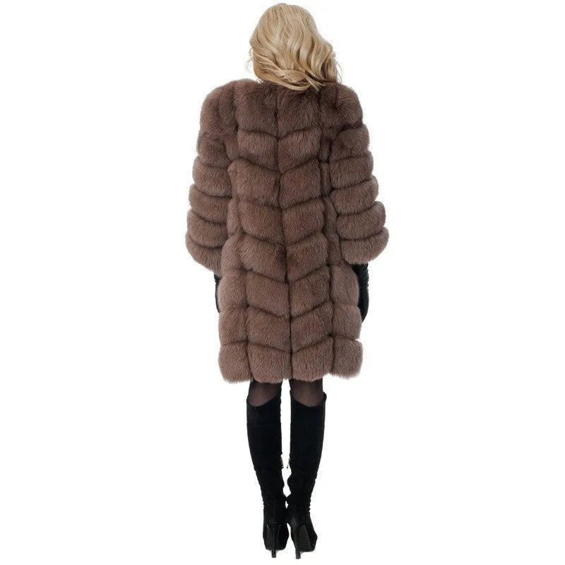 Women's thick artificial fur coat in 80 cm length, shown in one of five colours: black, dark camel, silver fox, apricot, or wine red.