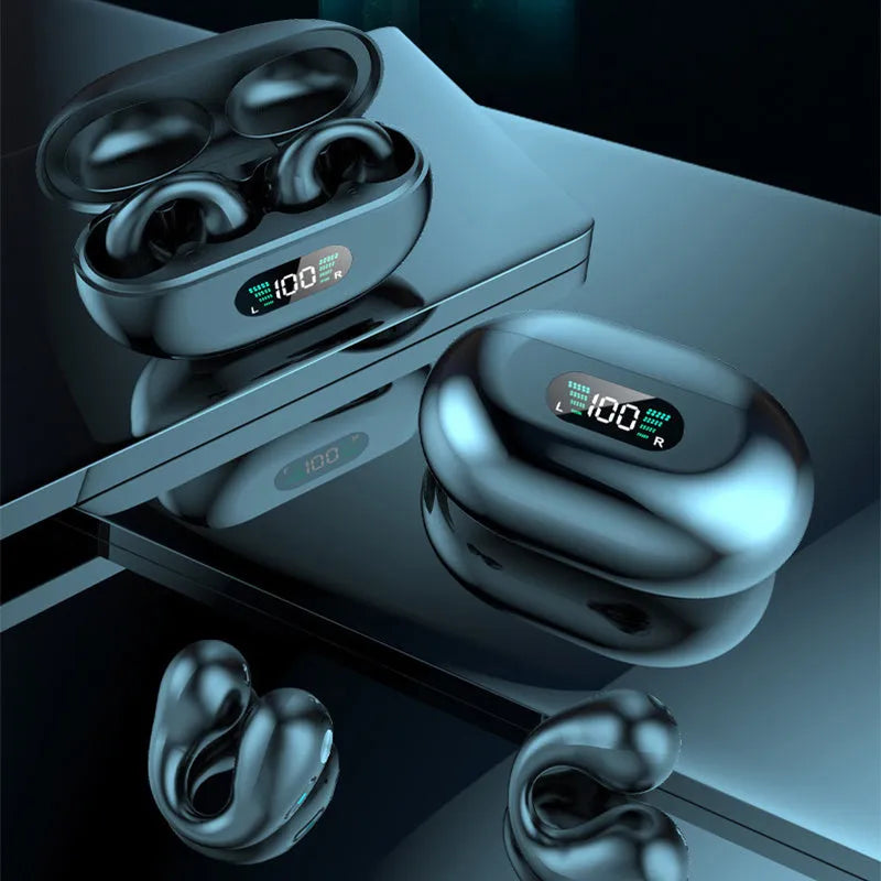 Black bone conduction Bluetooth headset clip showing ear clip design and charging cable