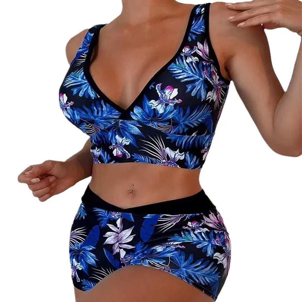 Women's two-piece printed swimsuit set with boxer briefs in multi-color design