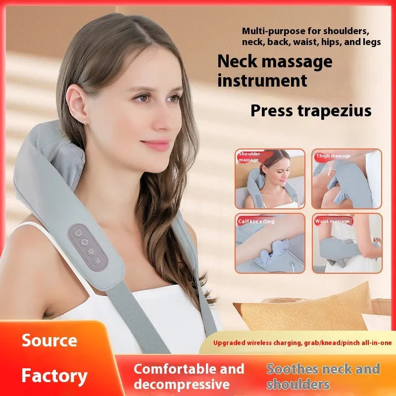 Grey elastic fabric USB-powered neck and back massager with infrared physiotherapy function