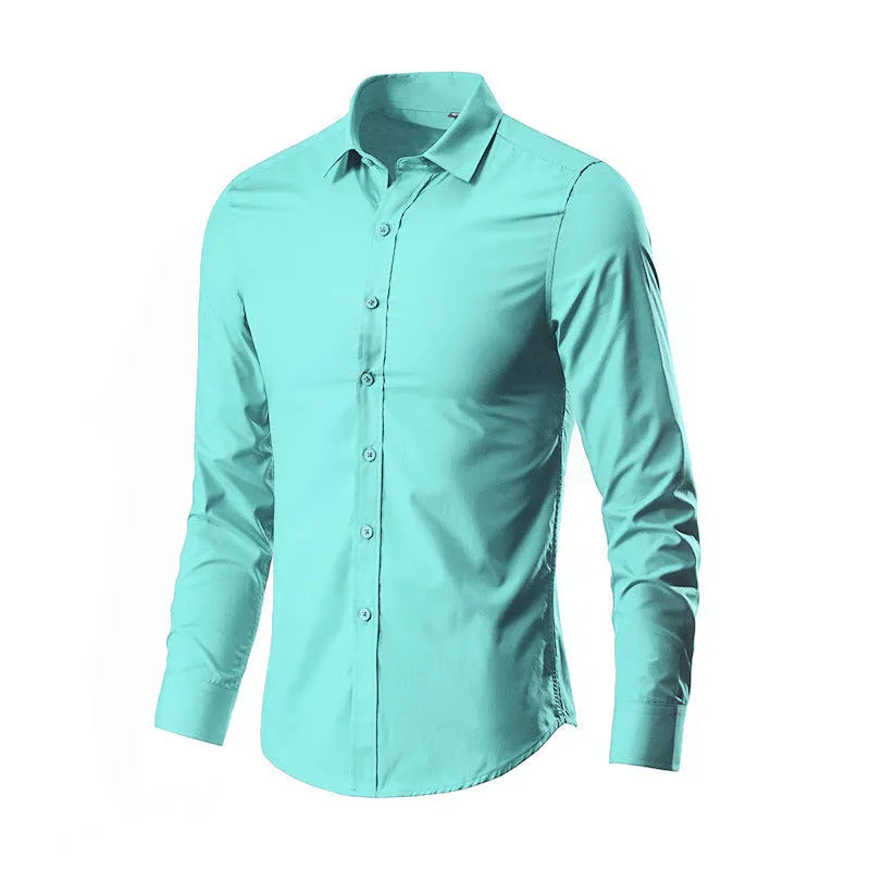 Men's slim fit long-sleeve linen shirt on a hanger, available in multiple colours and sizes up to 5XL.