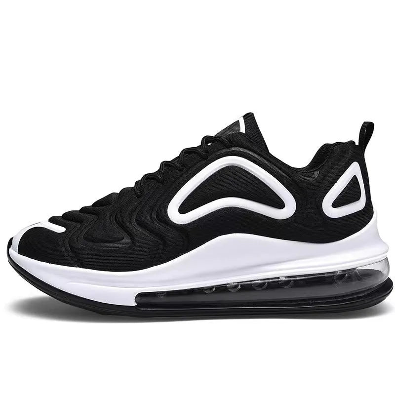 Men's black casual air cushion sneakers with a thick sole and round toe design.
